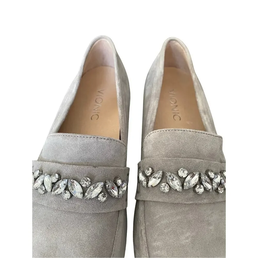 Vionic Light Gray Suede Avvy Bejeweled Rhinestone Loafers size 8